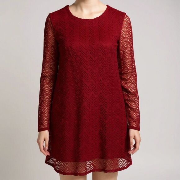 Dark Red Chevron Bell Sleeve A-Line Above Knee Dress - NEW - Picture 1 of 4